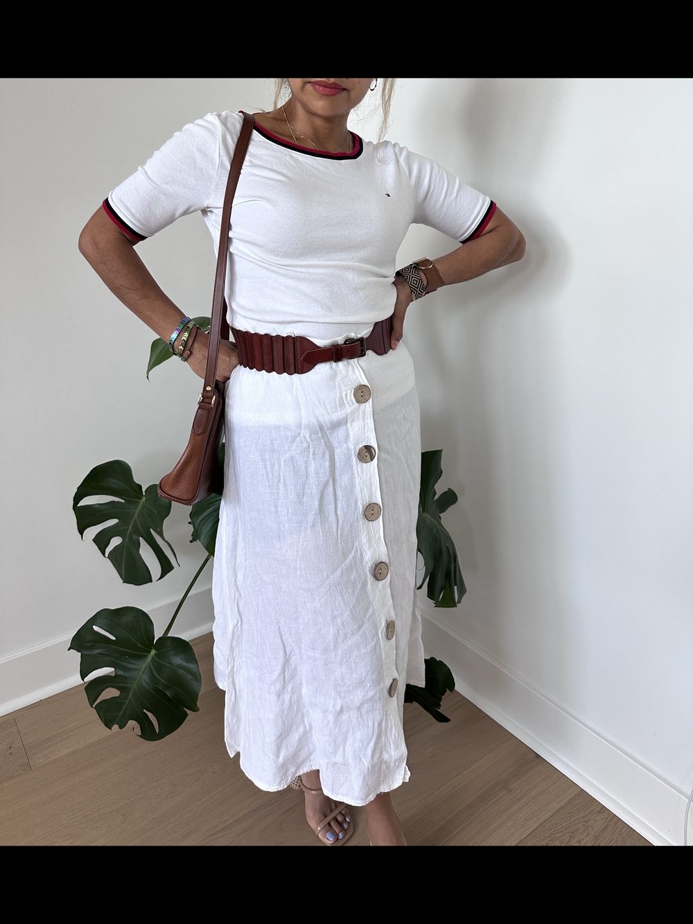 Elena Baldi White 100% Linen Button-Front Midi Skirt European Summer Effortless